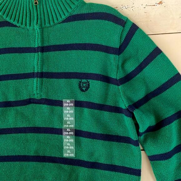 Chaps Sweater Boys XL 18-20 Zip Mock Neck Kelly Green Navy Striped Holiday - Picture 3 of 5